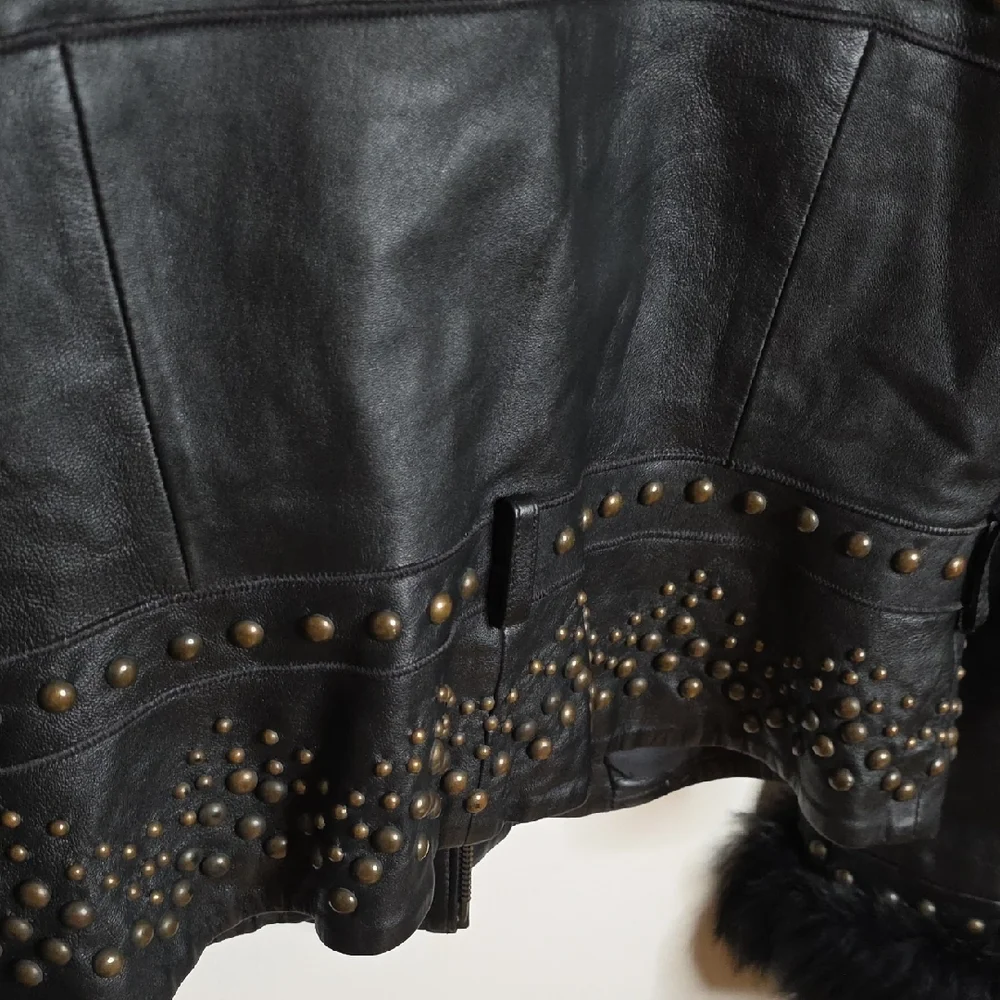 Cache Vintage Black Leather Jacket with Studs and Fur Sz 12 - Picture 7 of 14